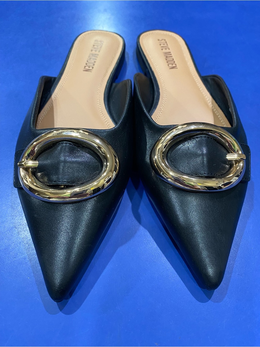 Steve Madden Black Pointed Mule Flats with Gold Oval Hardware